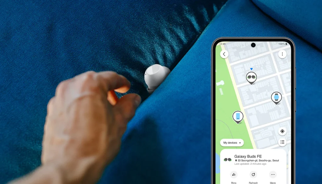 Fone de Ouvido Galaxy Buds FE sendo encontrado pelo aplicativo encontrar meu dispositivo no Samsung Galaxy
