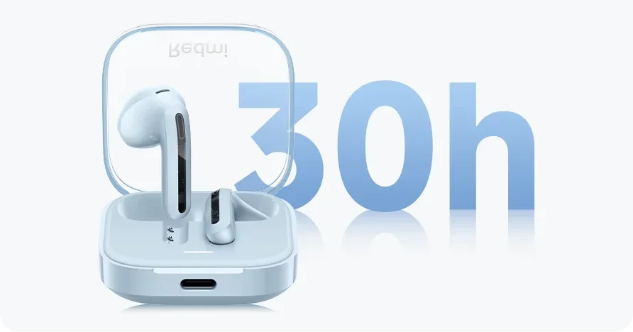 A bateria do Redmi Buds 6 Active pode durar até 30 horas com o estojo de carregamento
