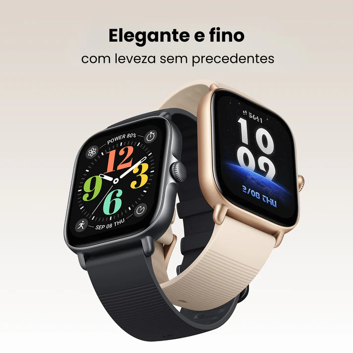 O Amazfit GTS 4 Mini New conta com um design elegante e fino, ideal para pulsos femininos