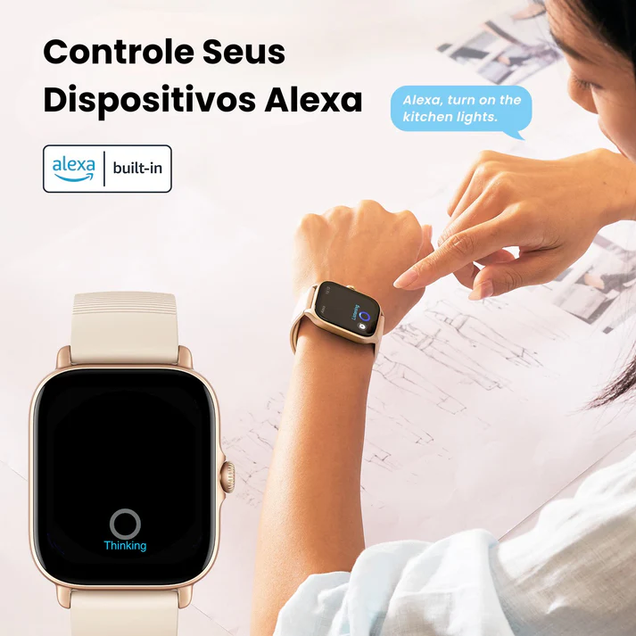 Um dos destaques do Amazfit GTS 4 Mini New é a integração direta com a assistente de voz Alexa