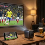 Mini projetor conectado via cabo a um celular espelhando um jogo da Copa do Mundo em uma tela de projeção na sala de estar