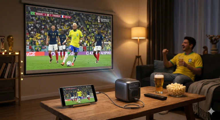 Mini projetor conectado via cabo a um celular espelhando um jogo da Copa do Mundo em uma tela de projeção na sala de estar