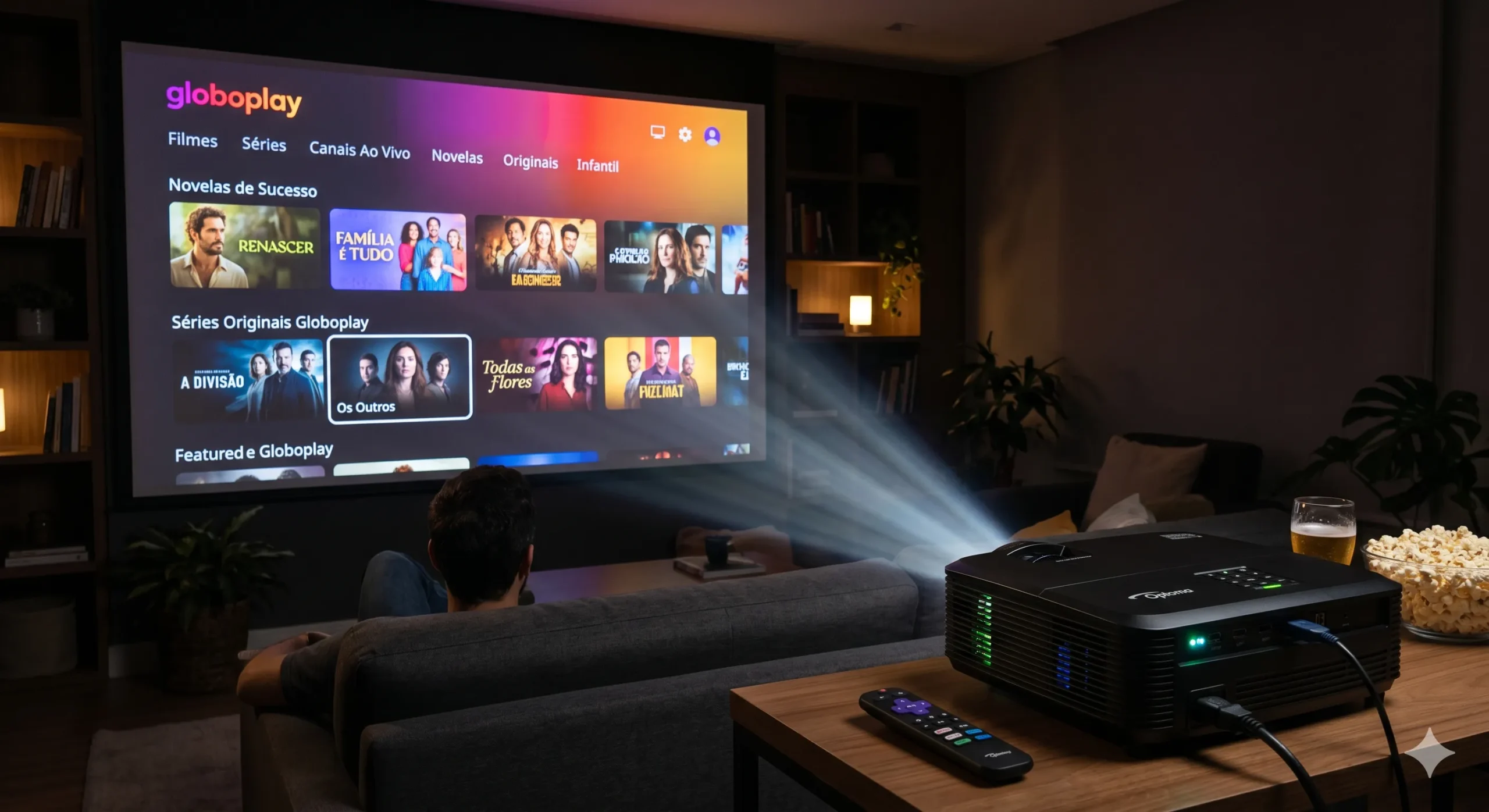 Um homem assistindo à interface do Globoplay projetada em uma grande tela de parede em uma sala de estar escura por um projetor moderno na mesa lateral, com controle remoto e pipoca. Esta imagem exemplifica o sucesso de um tutorial sobre como instalar Globoplay e CazéTV no mini projetor.