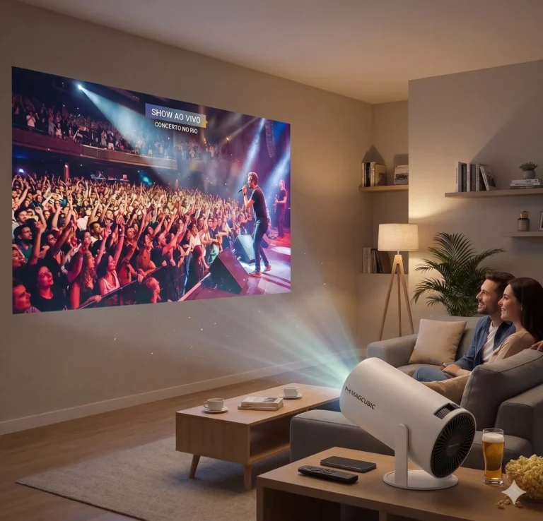 Mini projetor Magcubic HY300 projetando um concerto para um casal no sofá