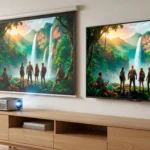 Uma comparação direta em uma sala de estar moderna, exibindo, lado a lado, a mesma cena de natureza vibrante em uma tela projetada por um mini projetor portátil e em uma grande Smart TV de tela plana, ajudando os usuários a decidir entre comprar um mini projetor ou smart tv