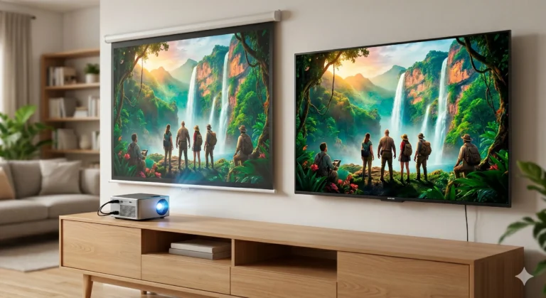 Uma comparação direta em uma sala de estar moderna, exibindo, lado a lado, a mesma cena de natureza vibrante em uma tela projetada por um mini projetor portátil e em uma grande Smart TV de tela plana, ajudando os usuários a decidir entre comprar um mini projetor ou smart tv