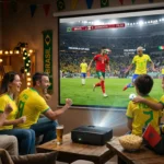 Família usando camisas do Brasil comemora um lance do jogo contra o Marrocos na Copa do Mundo, transmitido por um projetor em uma tela de 100 polegadas na sala de estar