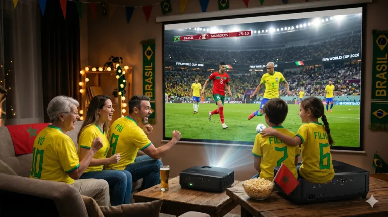 Família usando camisas do Brasil comemora um lance do jogo contra o Marrocos na Copa do Mundo, transmitido por um projetor em uma tela de 100 polegadas na sala de estar