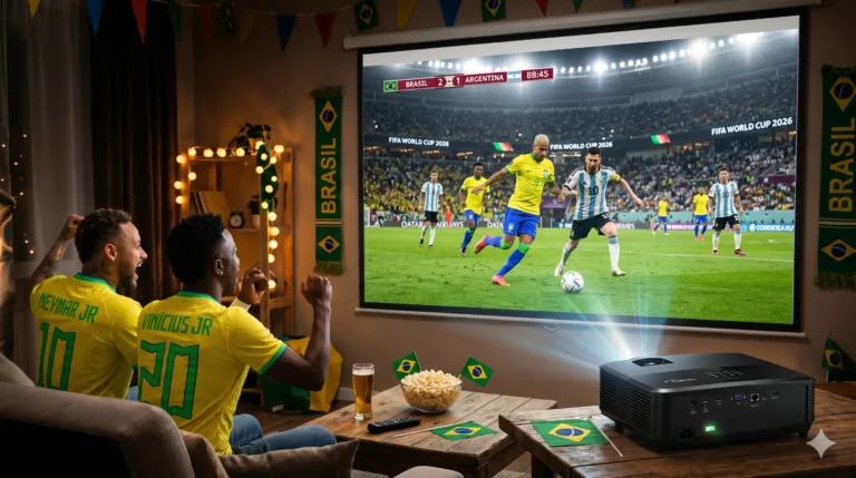 Projetor para copa do mundo transmitindo jogo entre Brasil e Argentina em uma tela de projeção na sala de estar, com dois torcedores comemorando