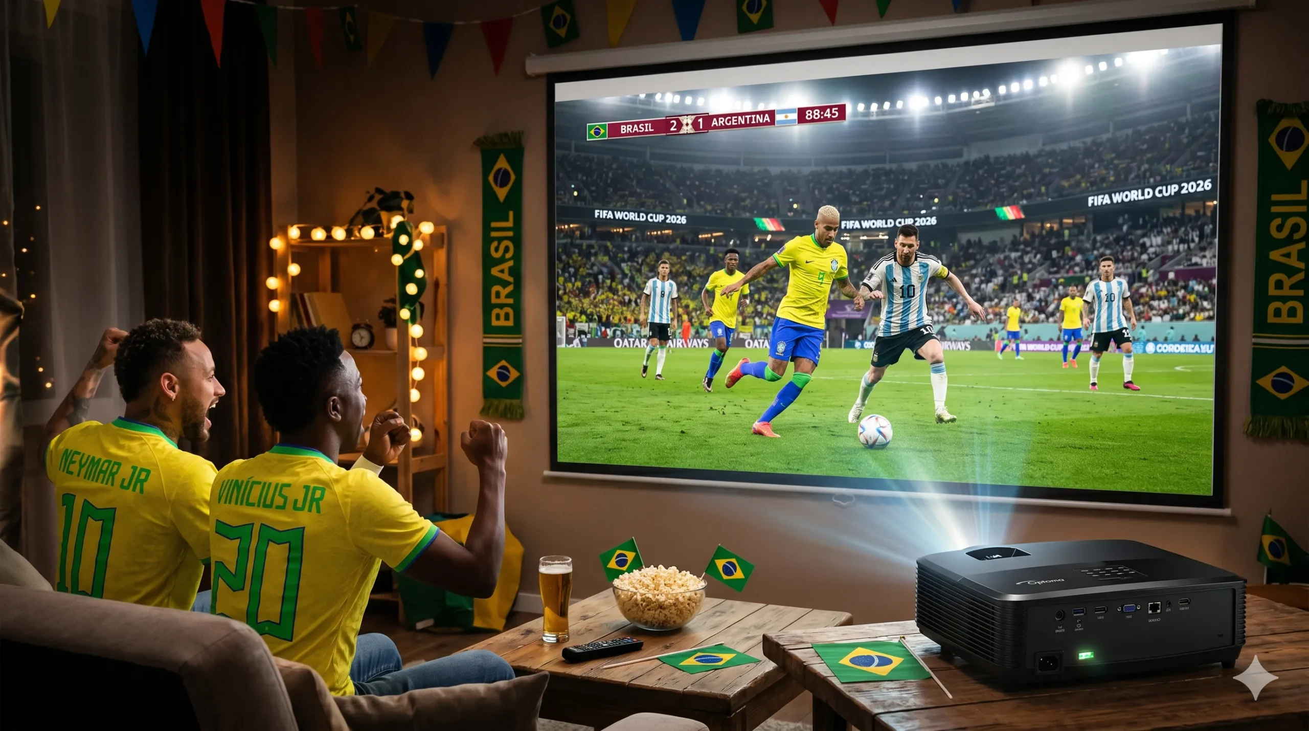 Projetor para copa do mundo transmitindo jogo entre Brasil e Argentina em uma tela de projeção na sala de estar, com dois torcedores comemorando